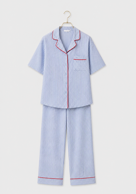 Cotton (100%) Woven Collar Button Short Sleeve Striped Pajamas