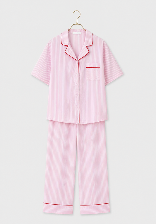 Cotton (100%) Woven Collar Button Short Sleeve Striped Pajamas