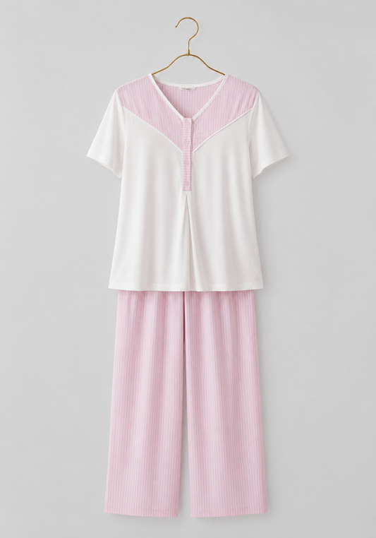 3 Pieces Set: Cotton (100%) Woven Collar Button Short Sleeve Striped Pajamas And Robe