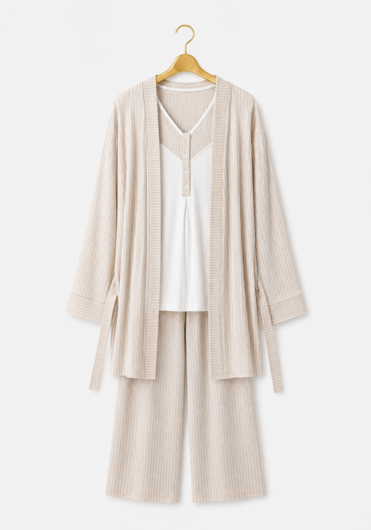 3 Pieces Set: Cotton (100%) Woven Collar Button Short Sleeve Striped Pajamas And Robe