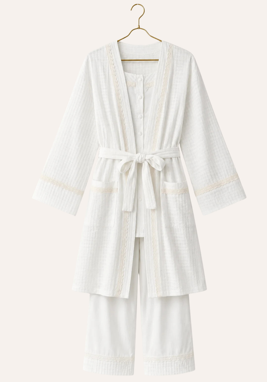 Maternal 3 Pieces Set: Bralet And Pants And Long Sleeves Short Robe