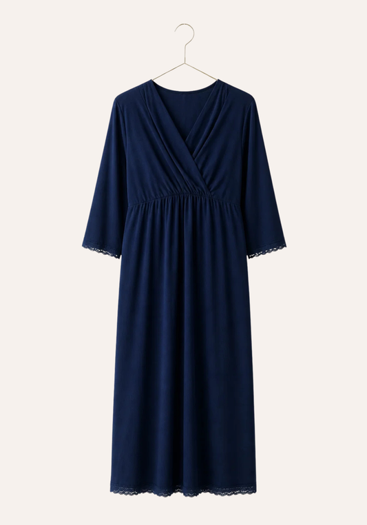 Maternal Nighty: Plain Long Sleeve Short Nighty With Lace Detail (100% Premium Cotton)