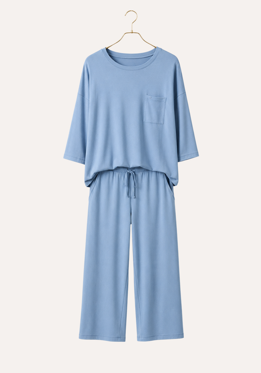 Pajamas: Plain Semi Long Sleeve Top And Wide Cut Bermuda (Viscose Lycra)
