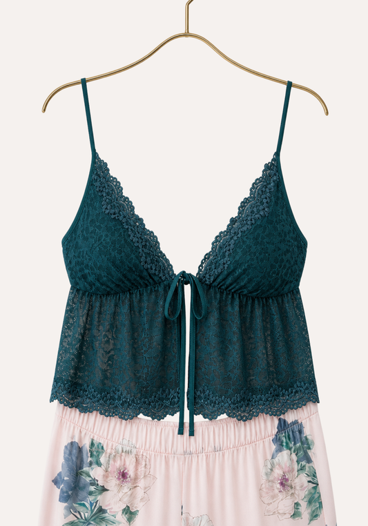 3 Pieces Set: Short Robe And Long Pants (100% Viscose) And Tank Top (Lace)