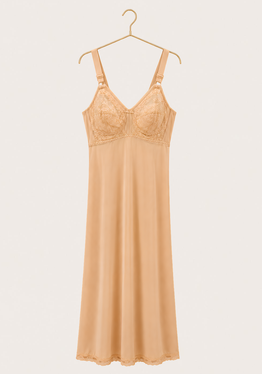 Long Slip: Wide Shoulder Strap Full Breast Lace Long Under Slip