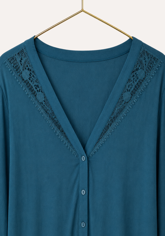 Pajamas: Viscose Lycra V-Neck Button Long Sleeve Top With Lace Detail And Pants