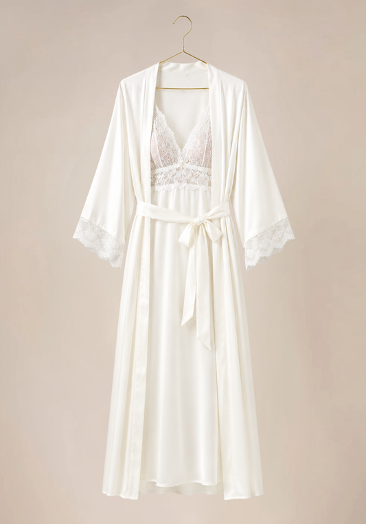 Bridal Long Robe Set: Shoulder Strap Lace Bra Long Gown And Long Robe With Lace Detail
