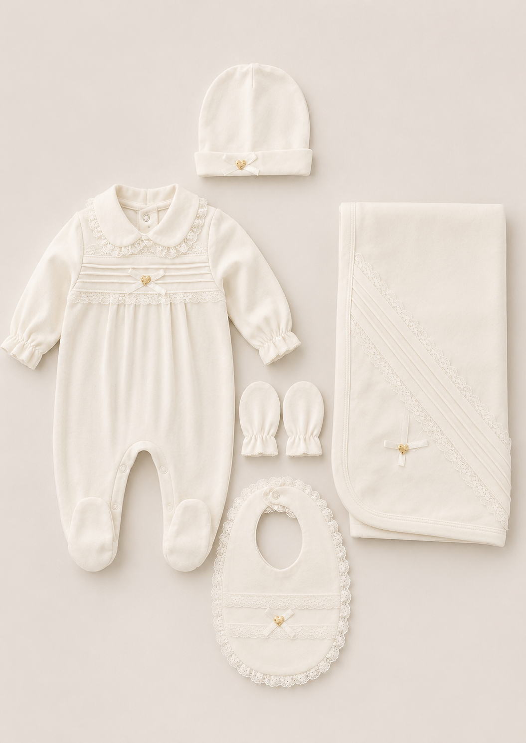 Babies Essential Set Of 5 Pieces: Romper, Hat, Bib, Blanket, Mittens