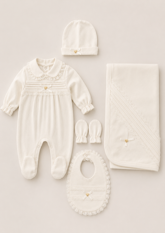 Babies Essential Set Of 5 Pieces: Romper, Hat, Bib, Blanket, Mittens