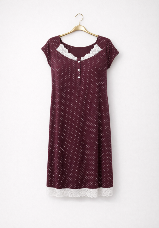 Mega Sleeve Pointed Short Nighty With Lace Detail