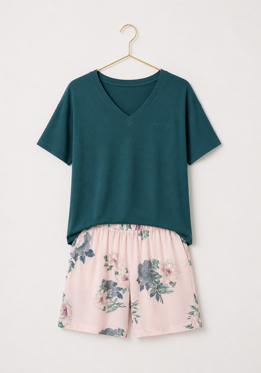 Short Set: Short Sleeves Top (Viscose Lycra) And Shorts (100% Viscose)