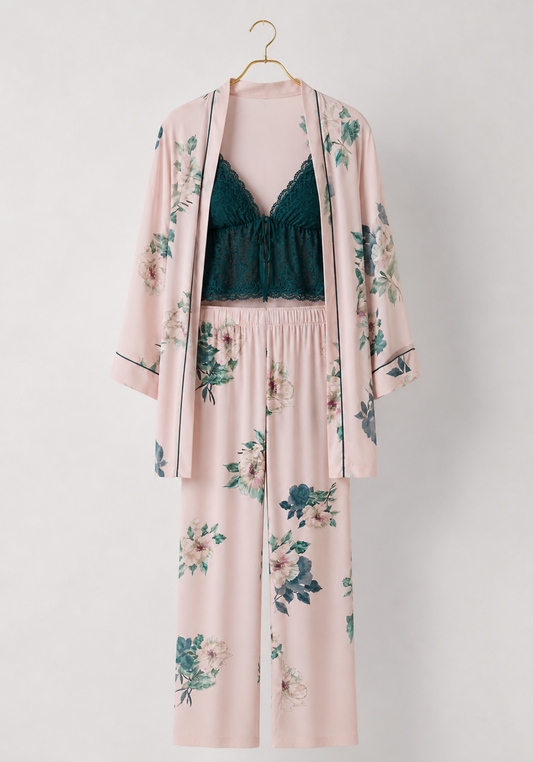 3 Pieces Set: Short Robe And Long Pants (100% Viscose) And Tank Top (Lace)