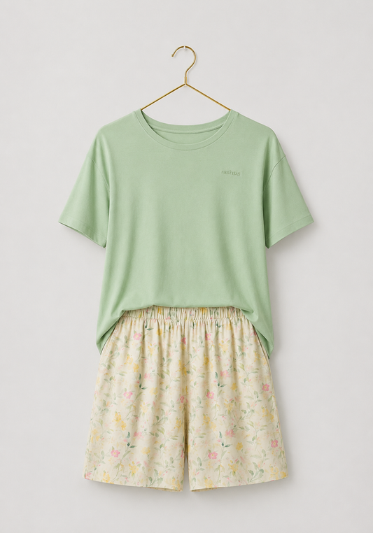Short Set: Short Sleeve Top (Viscose Lycra) And Shorts (100% Viscose)
