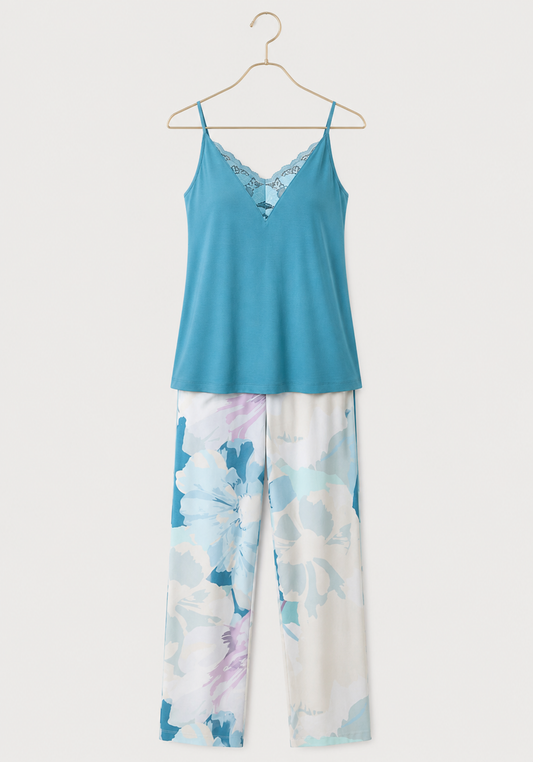 3 Pieces Set: Short Robe And Long Pants (100% Viscose) And Tank Top (Viscose Lycra)