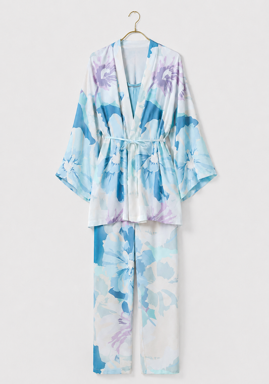 3 Pieces Set: Short Robe And Long Pants (100% Viscose) And Tank Top (Viscose Lycra)