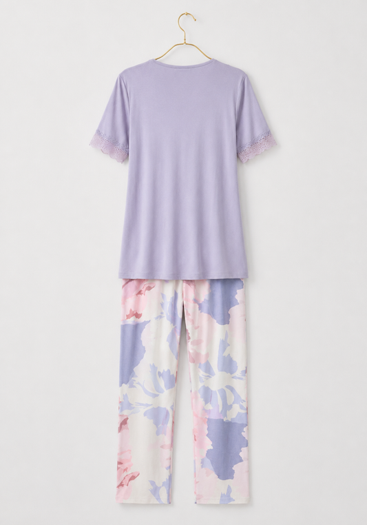 Maternal Pajamas: Plain Short Sleeve Top And Printed Pants (Viscose Lycra)