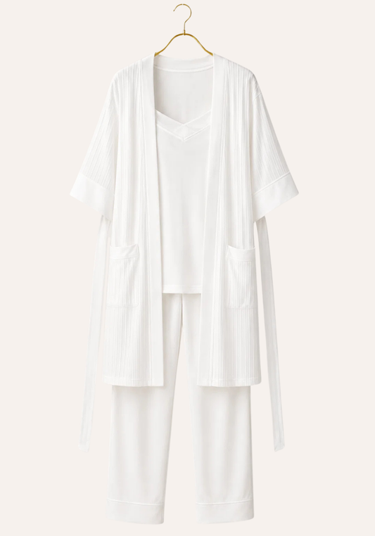 Shoulder Strap Top - Pant - Short Sleeve Robe Set