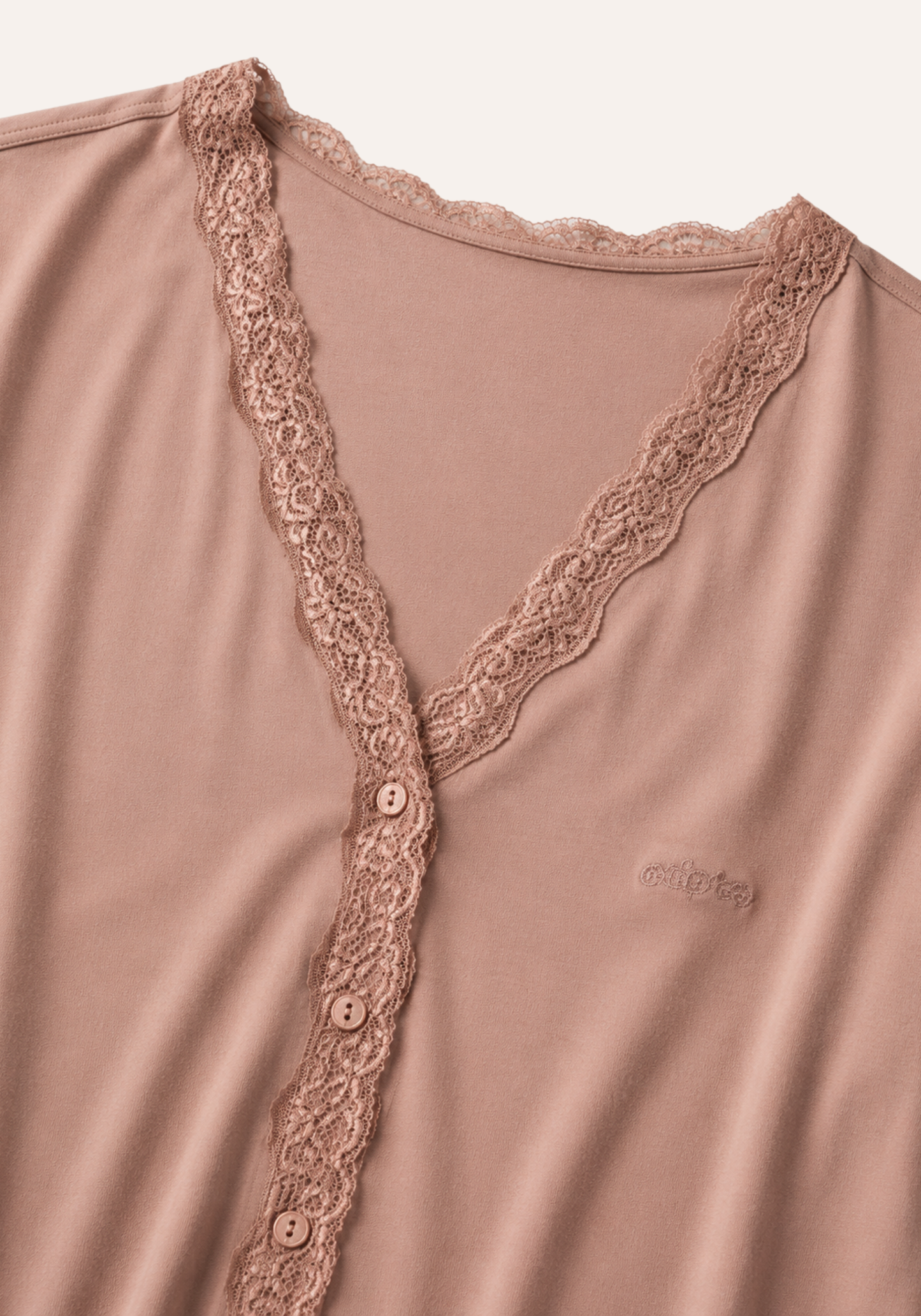 Plain Buttoned Front Long Sleeve Pajamas With Lace Detail