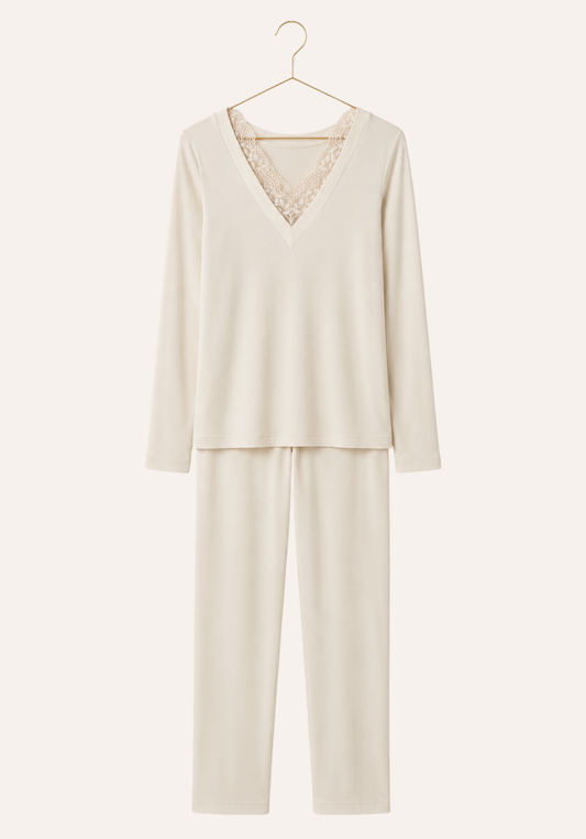 Plain V-Neck Long Sleeve Pajamas With Lace Detail