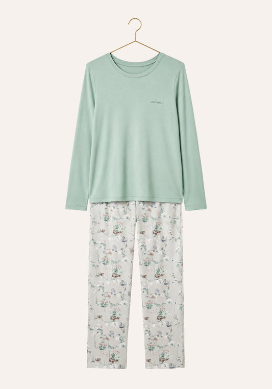 Plain Long Sleeve Top And Floral Print Pant Pajamas