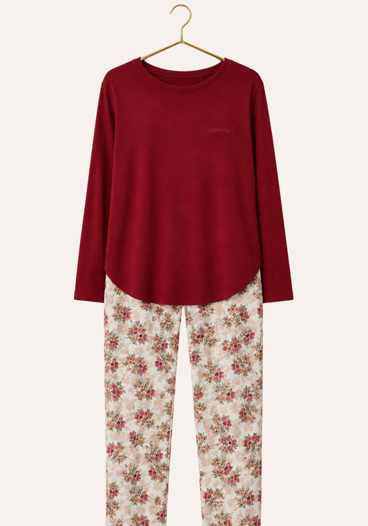 Plain Long Sleeve Top And Floral Print Pant Pajamas