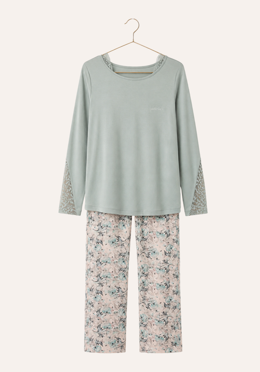 Plain Long Sleeve Top With Lace Detail And Floral Print Pant Pajamas