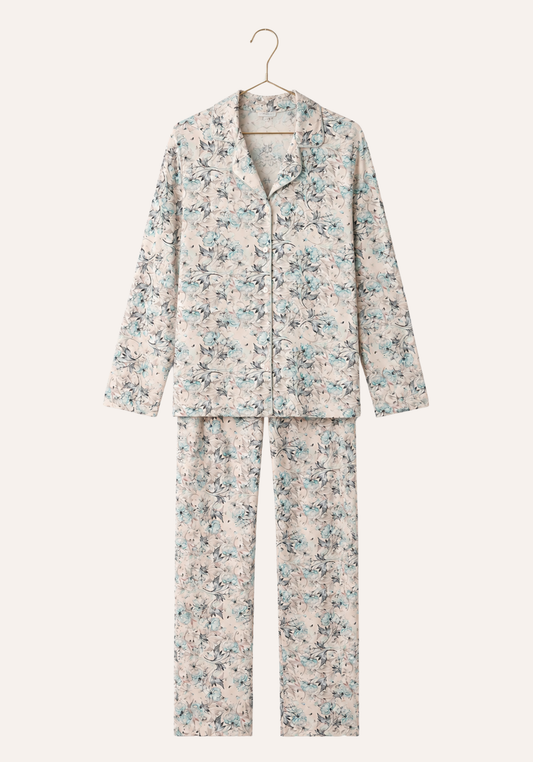 Full Floral Print Collar Button Long Sleeve Pajamas