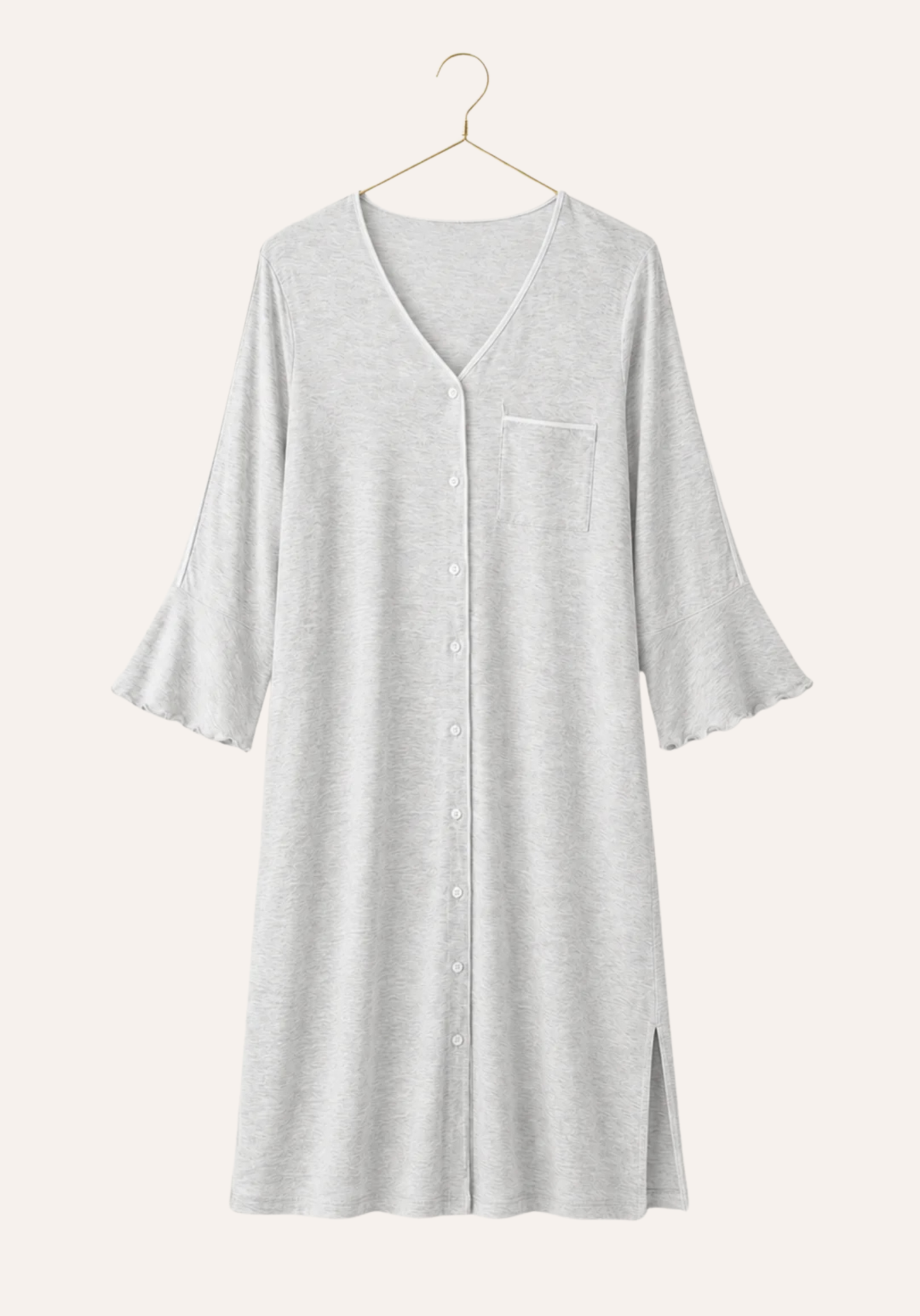 Plain Buttoned Long Sleeve Short Nighty