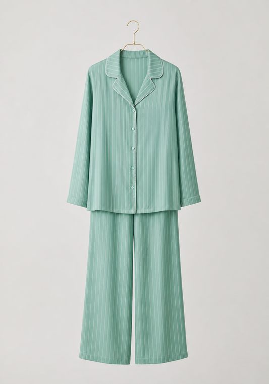 Satin Pajamas: Striped Collar Button Long Sleeve Top And Pants (100% Viscose)