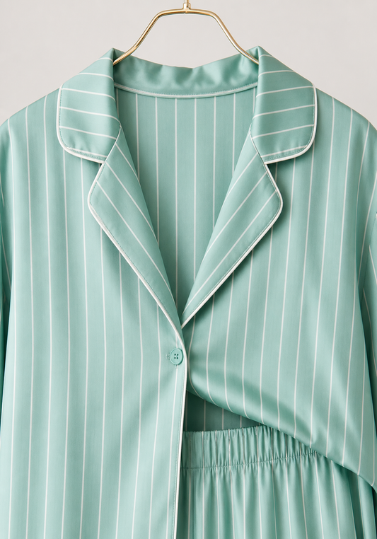 Satin Pajamas: Striped Collar Button Long Sleeve Top And Pants (100% Viscose)
