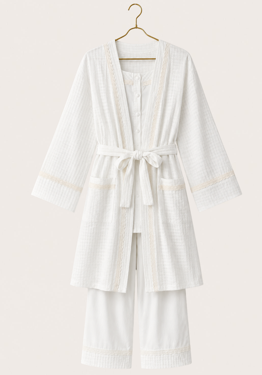 Maternal 3 Pieces Set: Bralet And Pants And Long Sleeves Short Robe