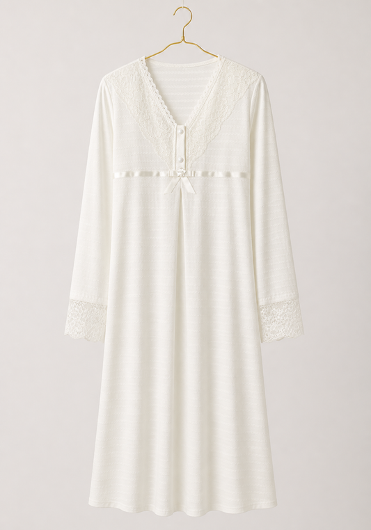 Maternal Robe Set: Button Long Nighty With Front Dantel And Long Robe With Dantel