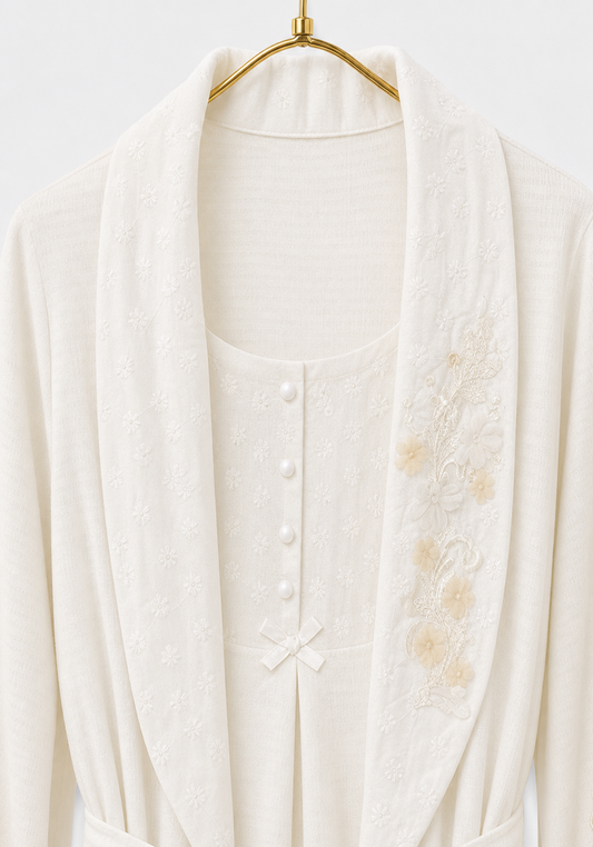Maternal Robe Set: Button Long Nighty With Front Dantel And Long Robe With Dantel