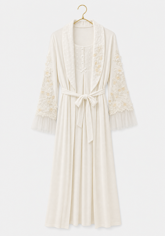 Maternal Robe Set: Button Long Nighty With Front Dantel And Long Robe With Dantel