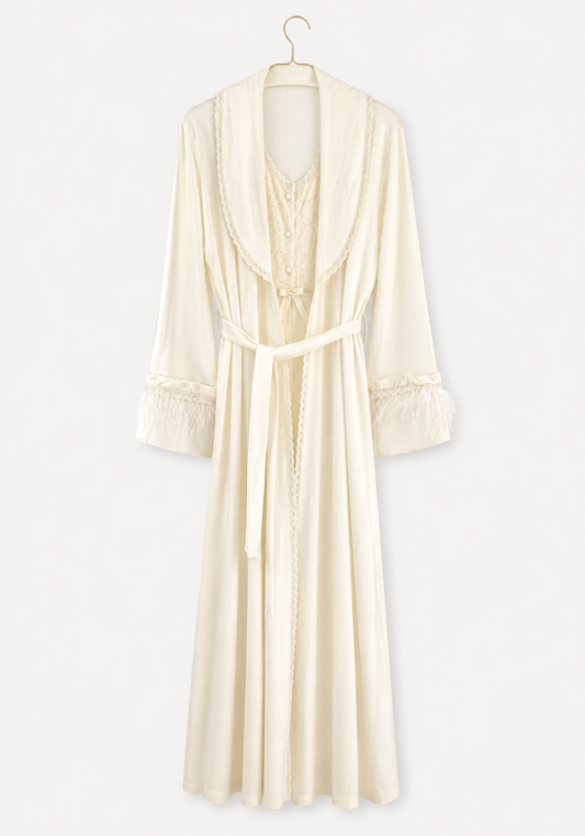 Maternal Robe Set: Button Long Nighty With Front Dantel And Long Robe With Furr