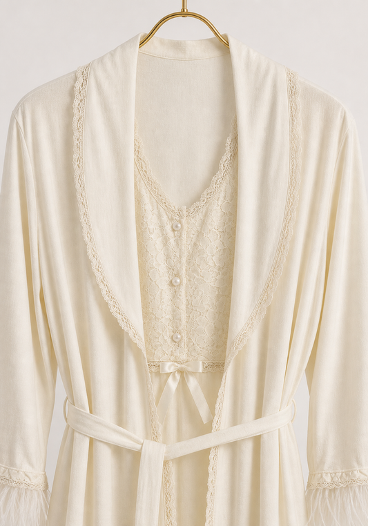 Maternal Robe Set: Button Long Nighty With Front Dantel And Long Robe With Furr