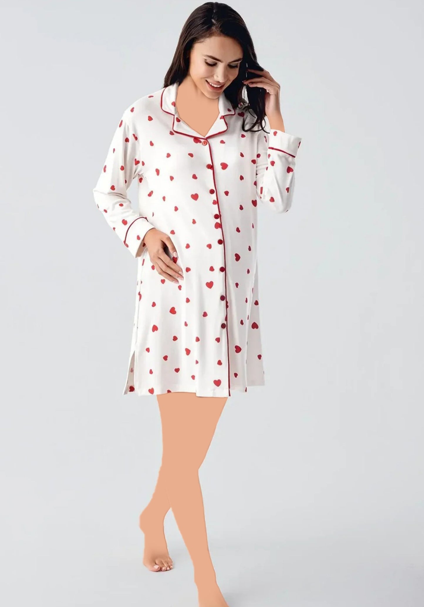 Maternal Thermal Lycra Collar Button Long Sleeve Nighty