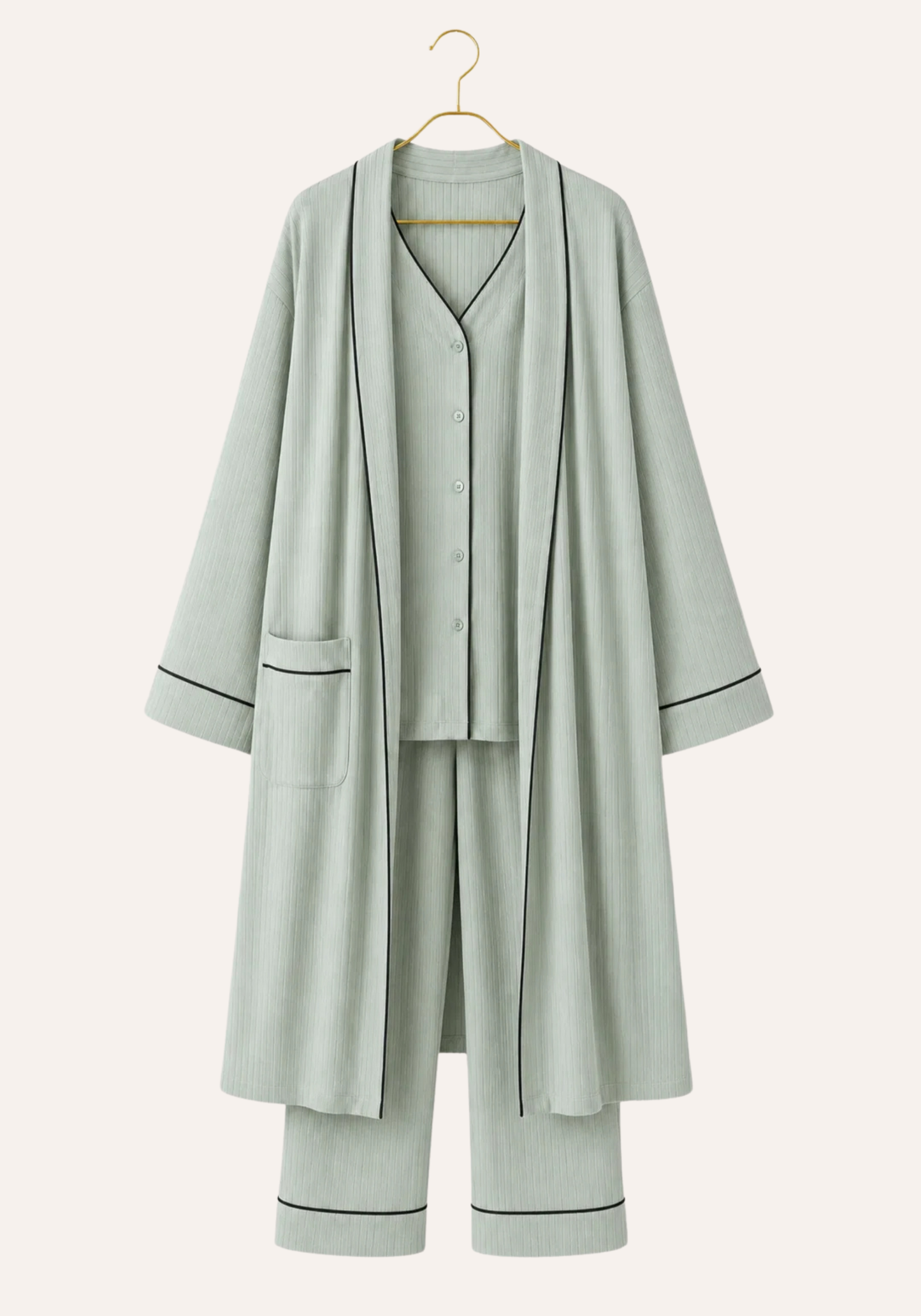 Plain Chords Short Sleeve Buttoned Top And Pant And Long Sleeve Long Robe Set