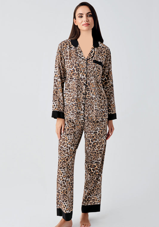 S&L Leopard Collar Button Long Sleeve Pajama