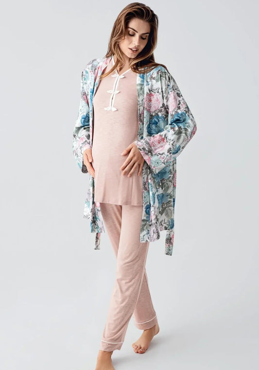 3 Piece Short Robe And Long Sleeve Pajama