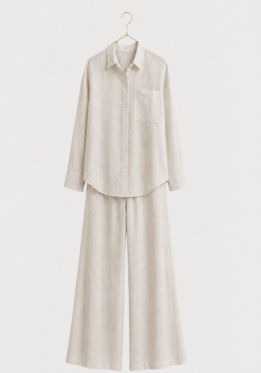 Lounge Set: Collar Button Long Sleeve Top And Wide Cut Pants (70% Linen 30% Viscose)