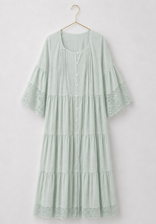 Woven Viscose Long Sleeves Midi Nighty With Front Buttons And Lace Detail