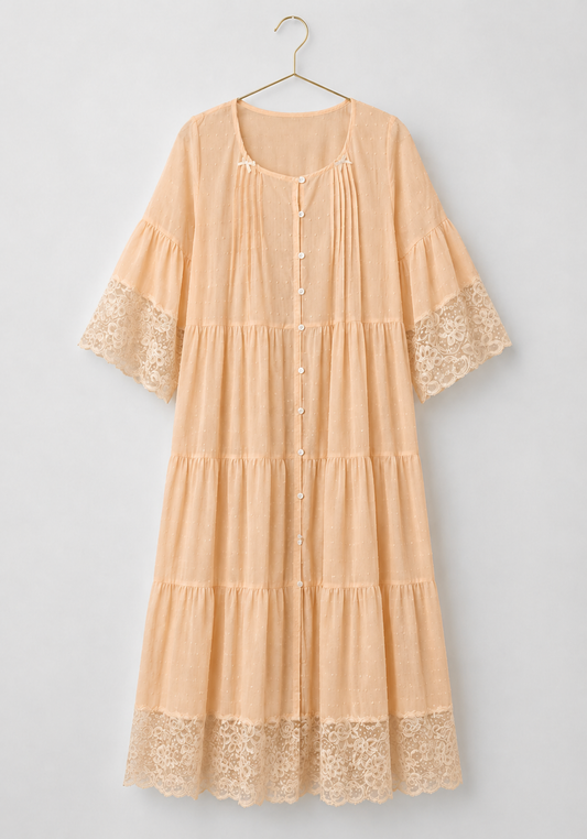 Woven Viscose Long Sleeves Midi Nighty With Front Buttons And Lace Detail