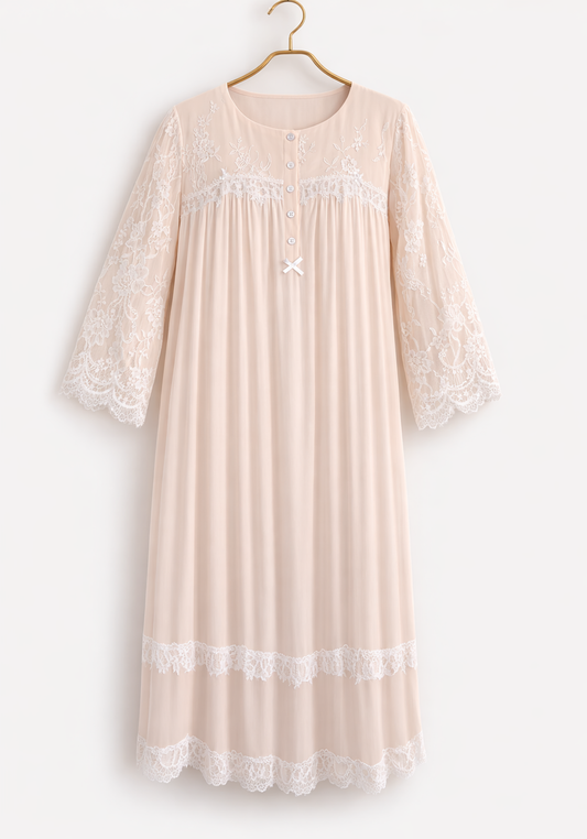Woven Viscose Long Sleeves Long Nighty With Dantel In The Front & Sleeves With Buttons