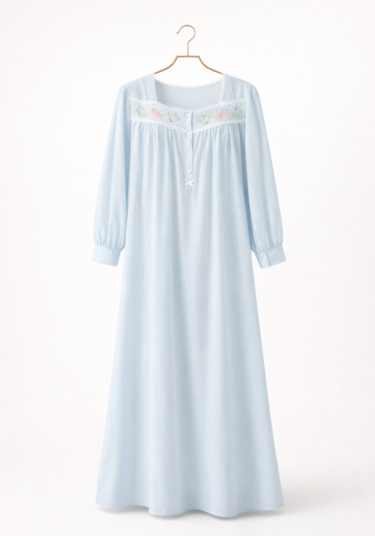 Woven Leno Long Sleeves Long Gown With Floral Embroidery Details With Front Buttons