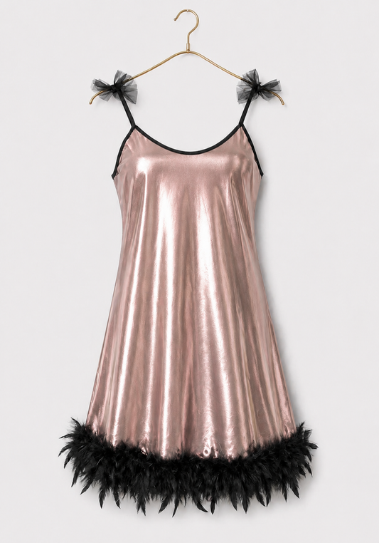 Babydoll: Ruffles Shoulder Strap Plain Satin Babydoll With Furr Around The Bottom