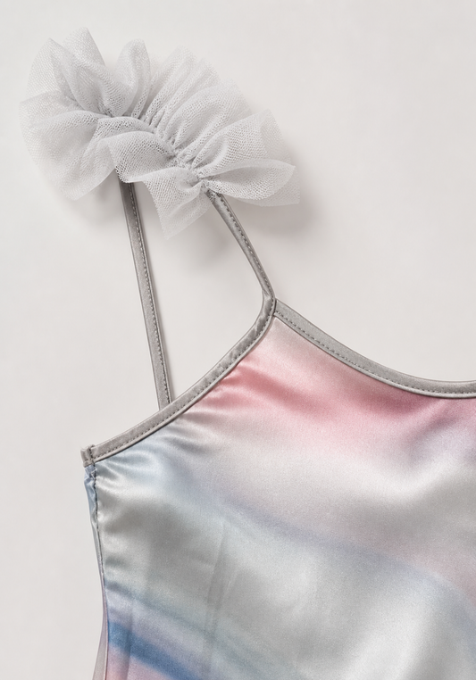 Babydoll: Ruffles Shoulder Strap Printed Satin Babydoll With Furr Around The Bottom