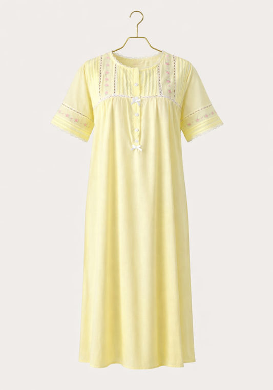 Woven Vual Short Sleeves Long Gown With Floral Embroidery Details With Front Buttons
