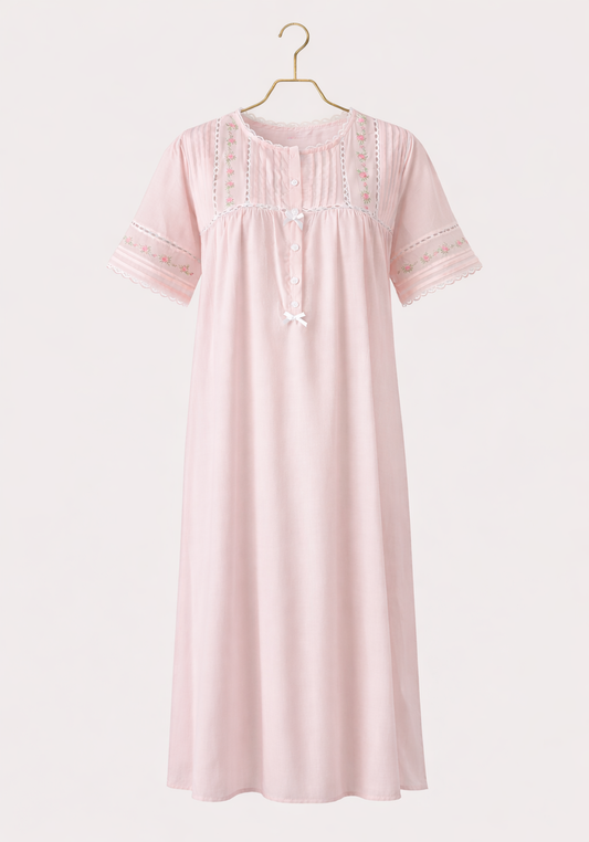 Woven Vual Short Sleeves Long Gown With Floral Embroidery Details With Front Buttons