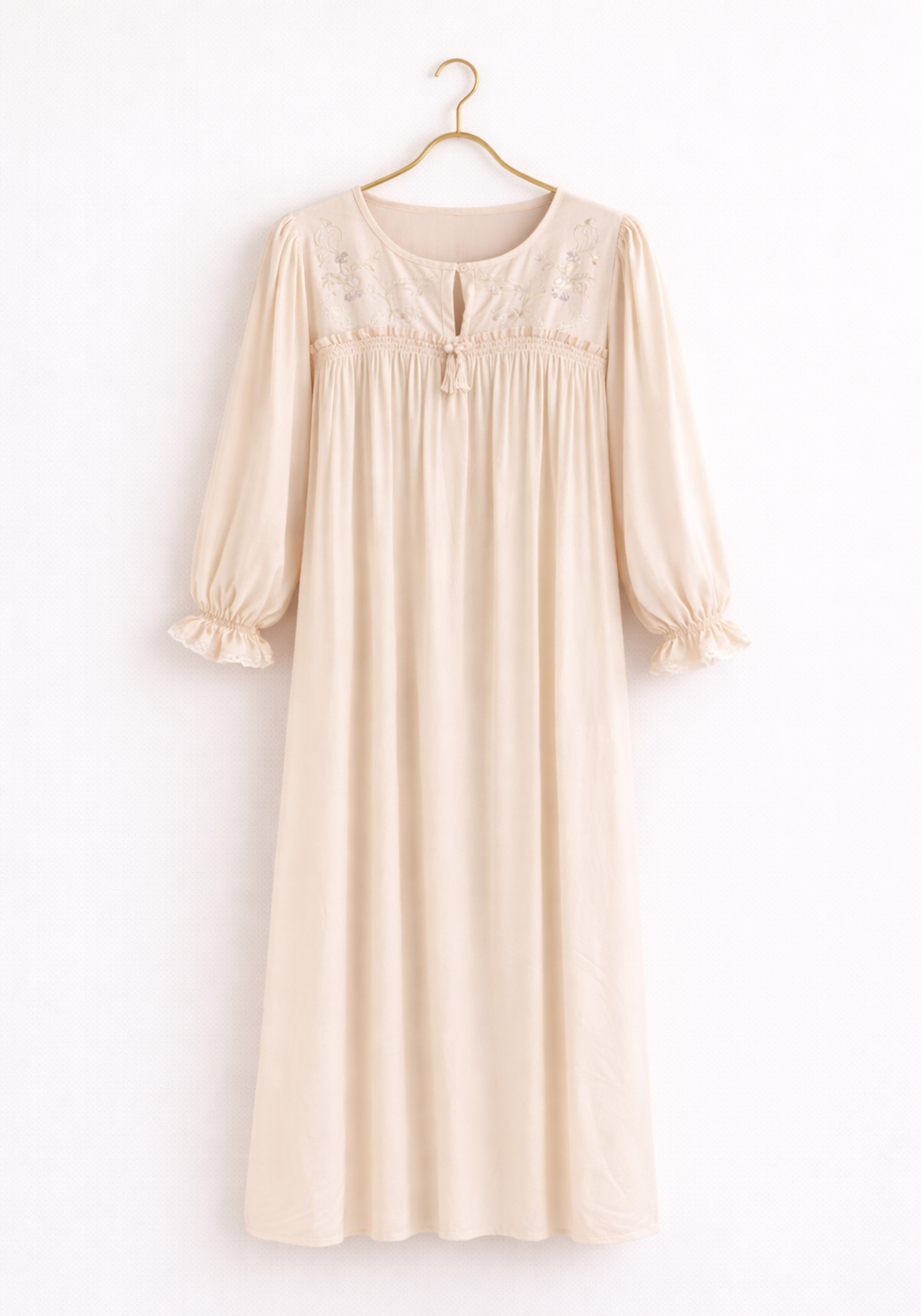 Woven Viscose Long Sleeves Long Nighty With Embroidery Detail